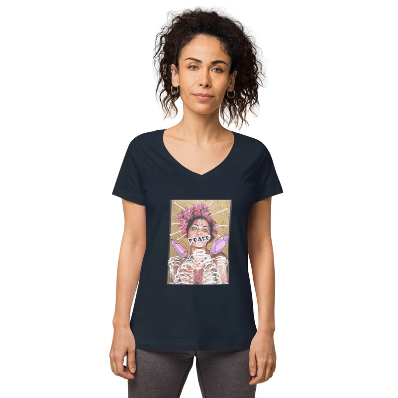 Eng anliegendes Damen-T-Shirt mit V-Ausschnitt PEACE