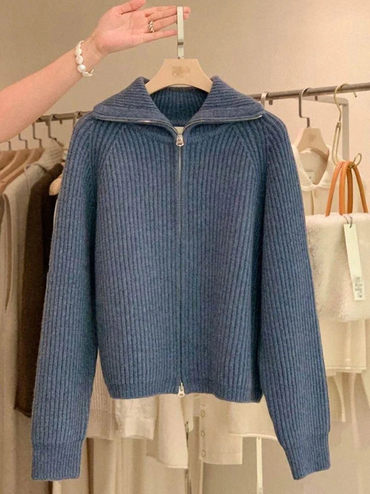 Kaschmir-Cardigan mit Reißverschluss für Damen – 100 % reines, dickes Strickmaterial mit Revers für Herbst und Winter