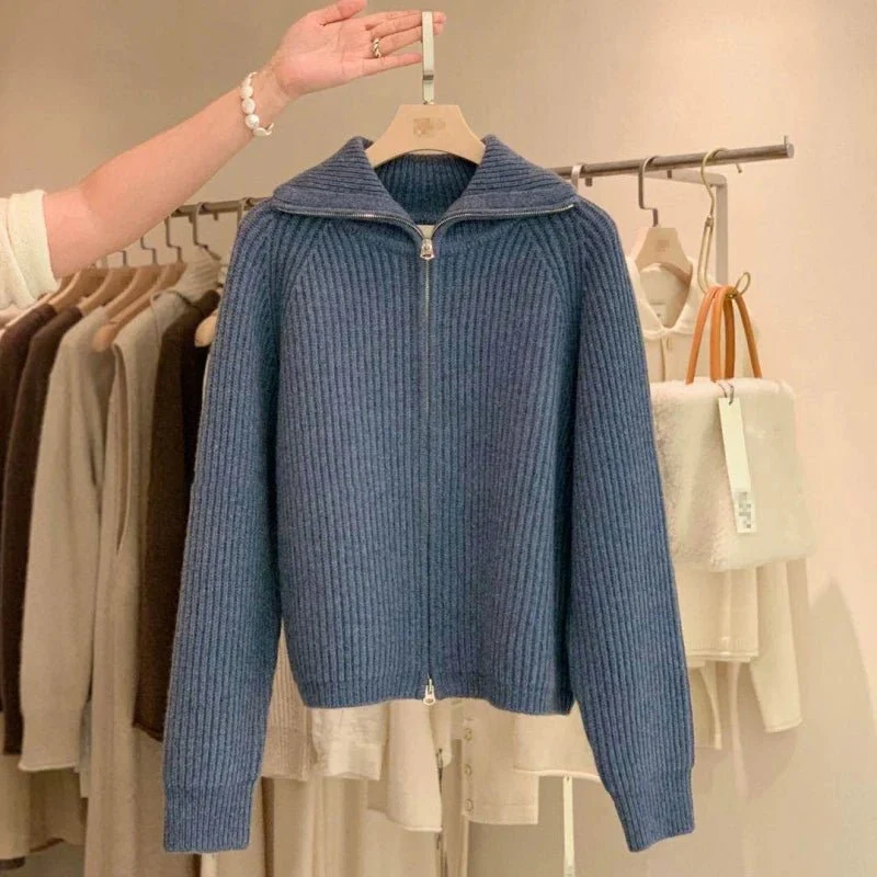 Kaschmir-Cardigan mit Reißverschluss für Damen – 100 % reines, dickes Strickmaterial mit Revers für Herbst und Winter