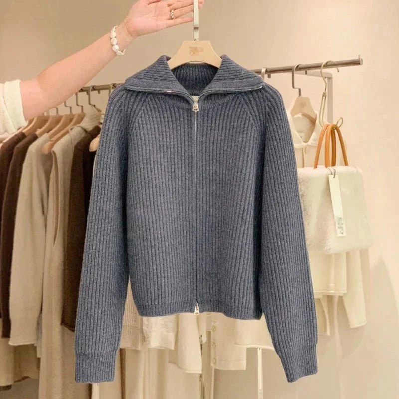 Kaschmir-Cardigan mit Reißverschluss für Damen – 100 % reines, dickes Strickmaterial mit Revers für Herbst und Winter