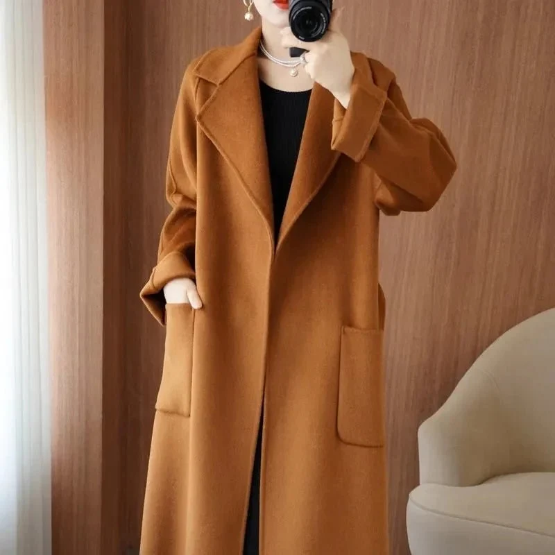Damenmantel aus 100 % Wolle – Eleganter, langer, doppelseitiger Kaschmirmantel mit Gürtel für Herbst/Winter