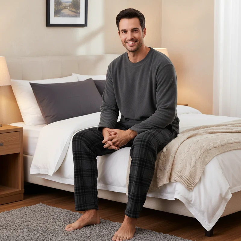 Kuscheliger Fleece-Pyjama für Herren – Ultimativer Komfort in stilvoller grauer Karo-Loungewear