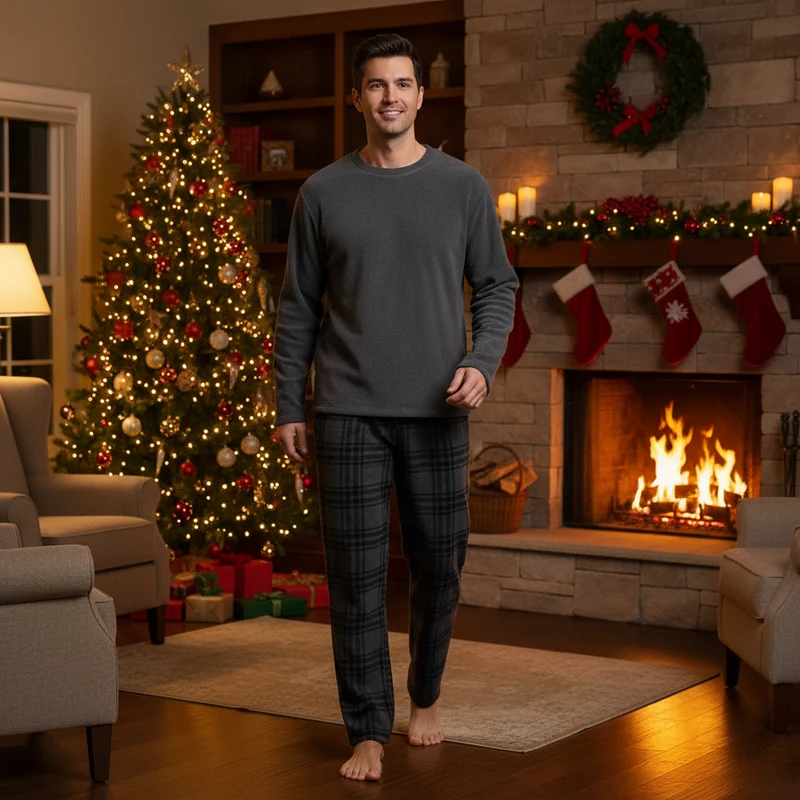 Kuscheliger Fleece-Pyjama für Herren – Ultimativer Komfort in stilvoller grauer Karo-Loungewear