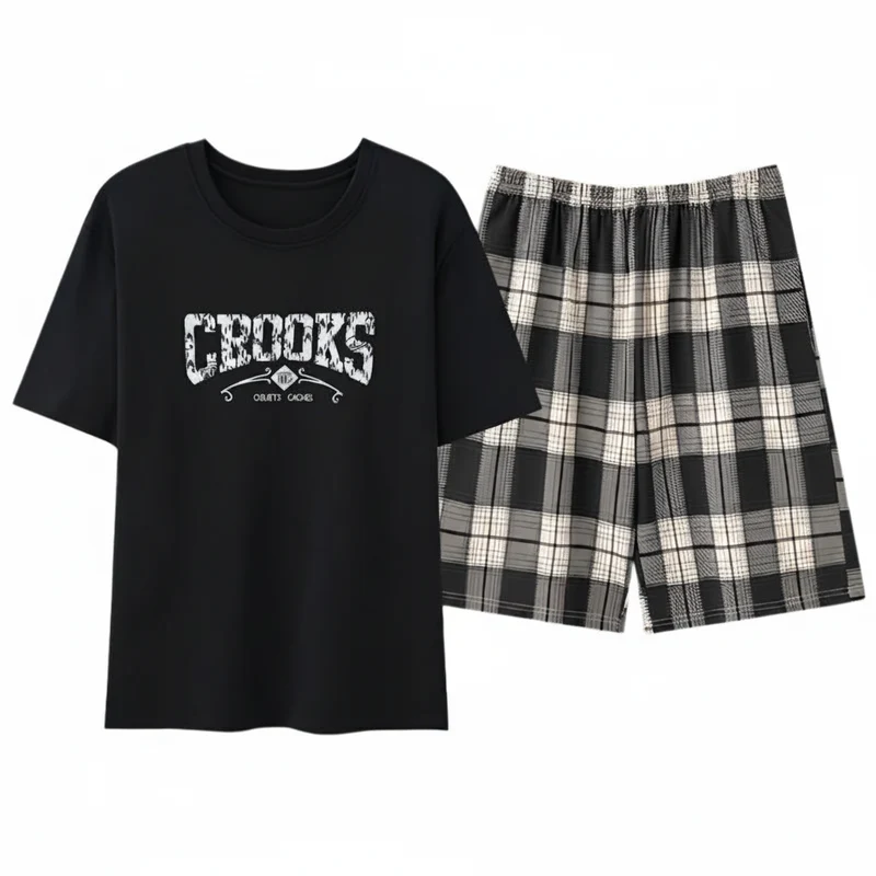 Sommerpyjama-Set für Herren – Kurzarm- und Shorts-Set aus Kunstbaumwolle