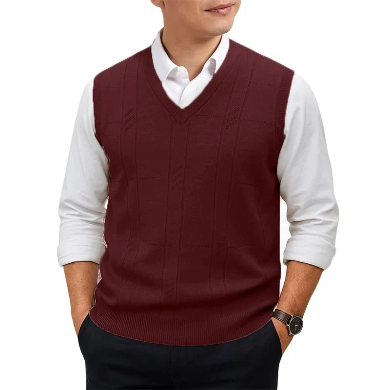 Verleihen Sie Ihrem Stil mit unserer ärmellosen Herren-Strickweste mit V-Ausschnitt das gewisse Extra.