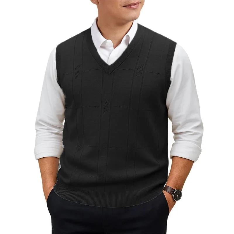 Verleihen Sie Ihrem Stil mit unserer ärmellosen Herren-Strickweste mit V-Ausschnitt das gewisse Extra.