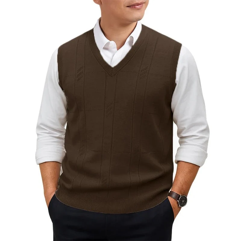 Verleihen Sie Ihrem Stil mit unserer ärmellosen Herren-Strickweste mit V-Ausschnitt das gewisse Extra.
