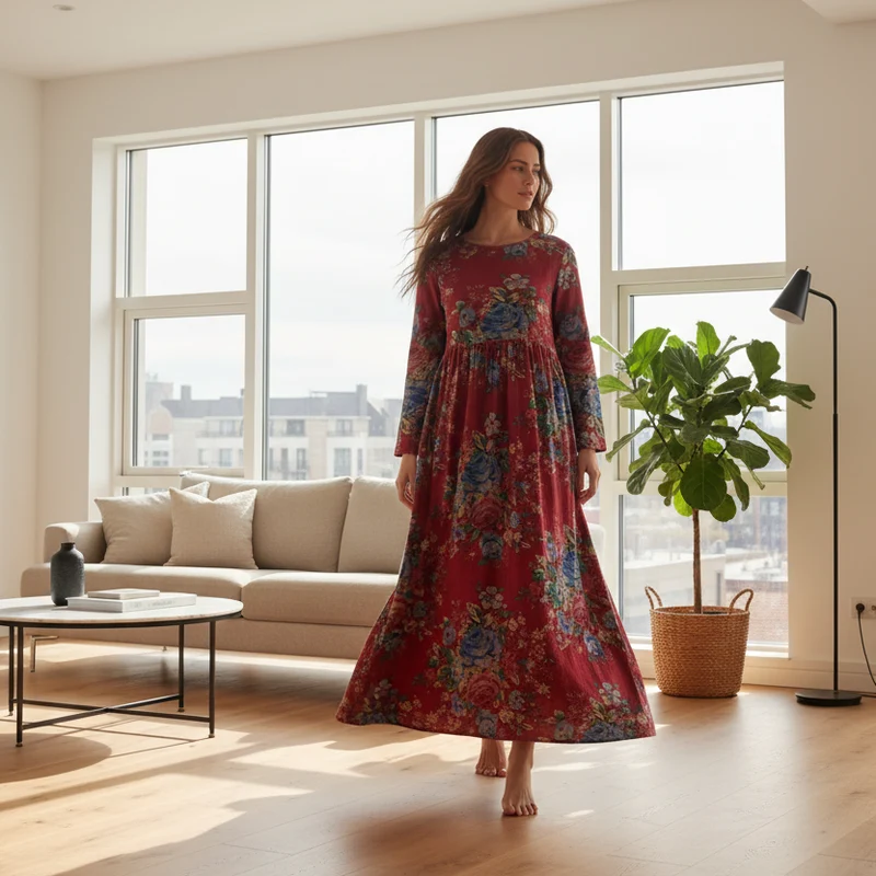 Maxikleid im Boho-Stil mit Blumenmuster für Damen in großen Größen, lockere Passform aus Baumwoll-Leinen-Mischgewebe