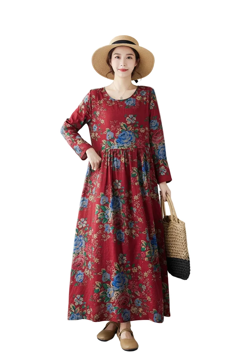 Maxikleid im Boho-Stil mit Blumenmuster für Damen in großen Größen, lockere Passform aus Baumwoll-Leinen-Mischgewebe