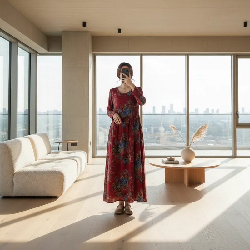 Maxikleid im Boho-Stil mit Blumenmuster für Damen in großen Größen, lockere Passform aus Baumwoll-Leinen-Mischgewebe