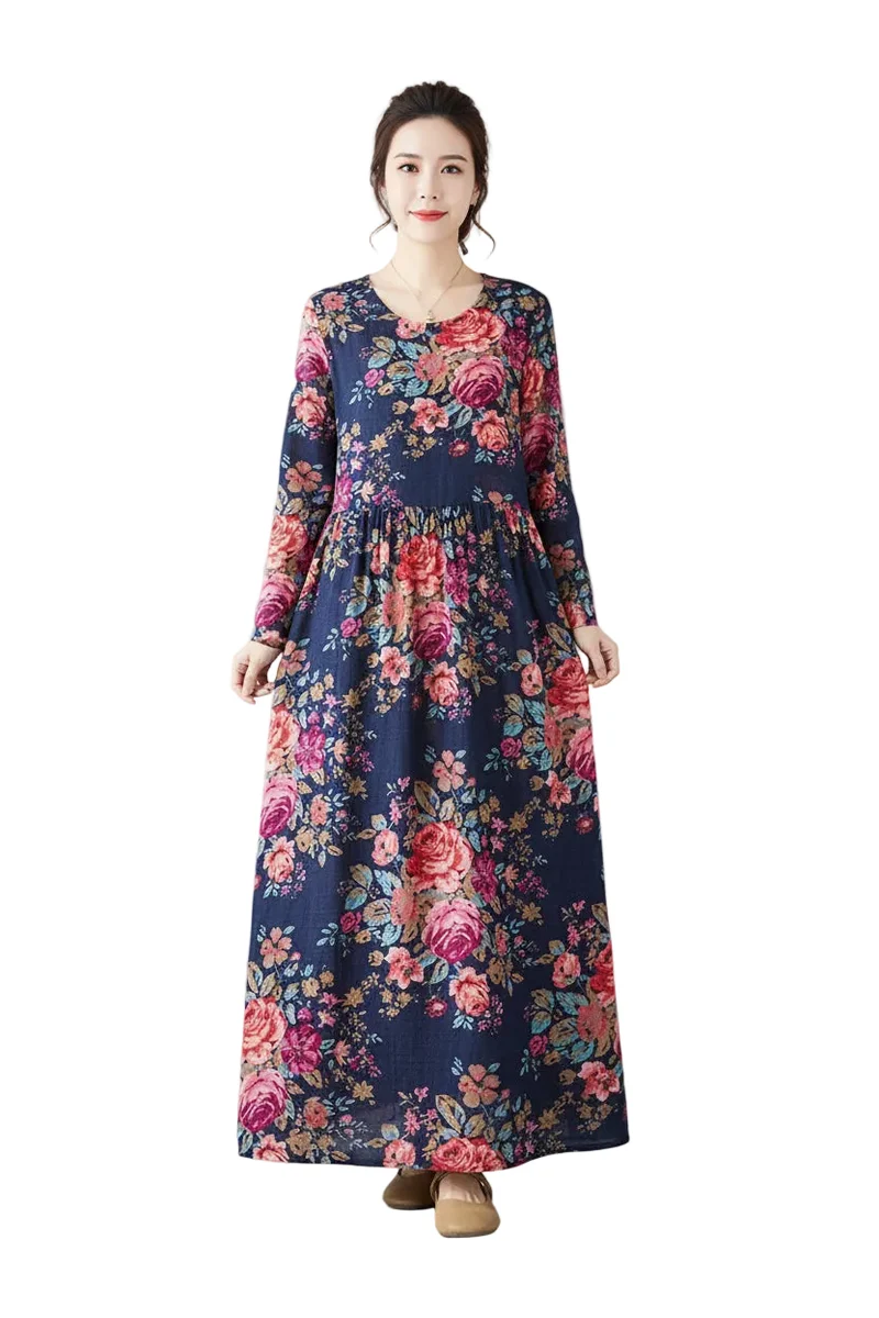 Maxikleid im Boho-Stil mit Blumenmuster für Damen in großen Größen, lockere Passform aus Baumwoll-Leinen-Mischgewebe