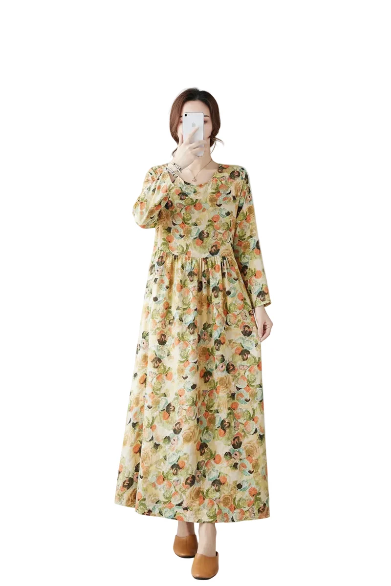 Maxikleid im Boho-Stil mit Blumenmuster für Damen in großen Größen, lockere Passform aus Baumwoll-Leinen-Mischgewebe