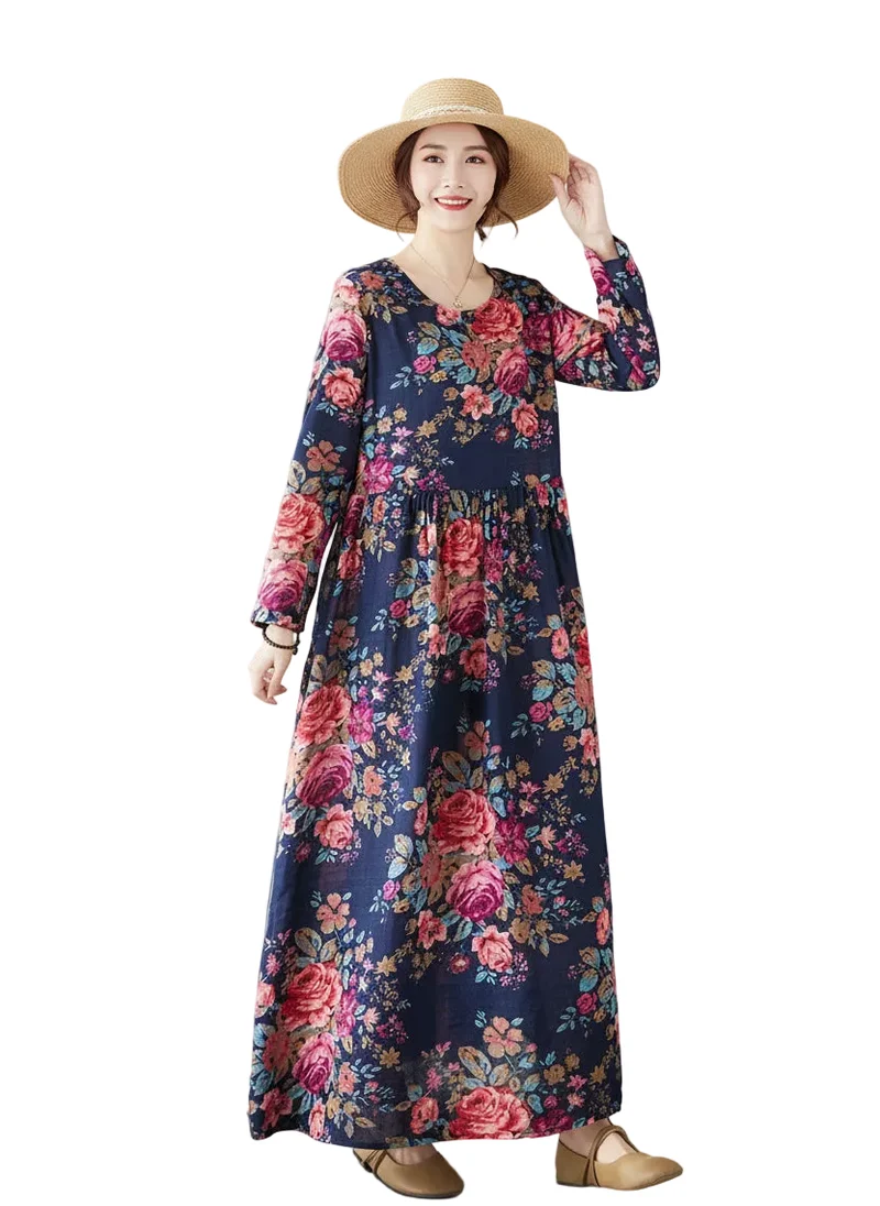 Maxikleid im Boho-Stil mit Blumenmuster für Damen in großen Größen, lockere Passform aus Baumwoll-Leinen-Mischgewebe