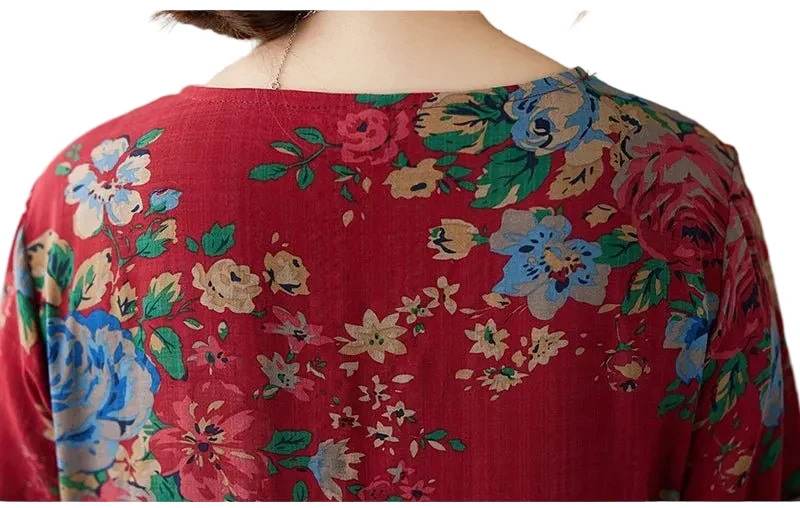 Maxikleid im Boho-Stil mit Blumenmuster für Damen in großen Größen, lockere Passform aus Baumwoll-Leinen-Mischgewebe