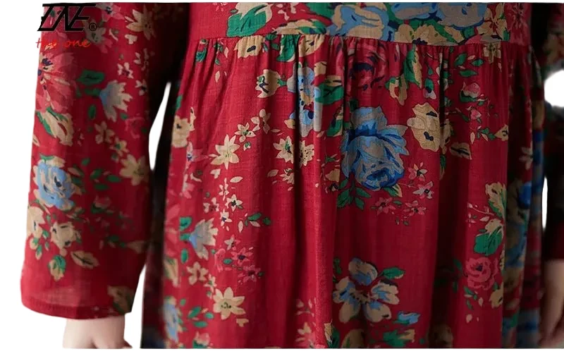 Maxikleid im Boho-Stil mit Blumenmuster für Damen in großen Größen, lockere Passform aus Baumwoll-Leinen-Mischgewebe