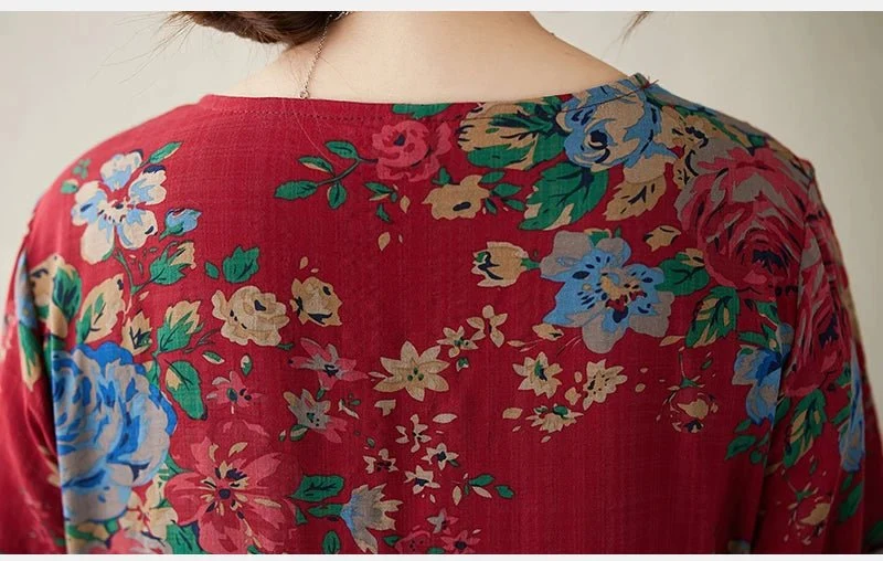 Maxikleid im Boho-Stil mit Blumenmuster für Damen in großen Größen, lockere Passform aus Baumwoll-Leinen-Mischgewebe