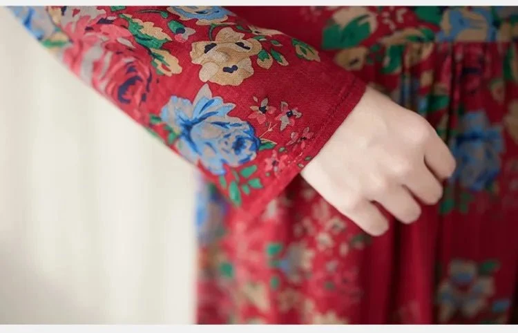 Maxikleid im Boho-Stil mit Blumenmuster für Damen in großen Größen, lockere Passform aus Baumwoll-Leinen-Mischgewebe