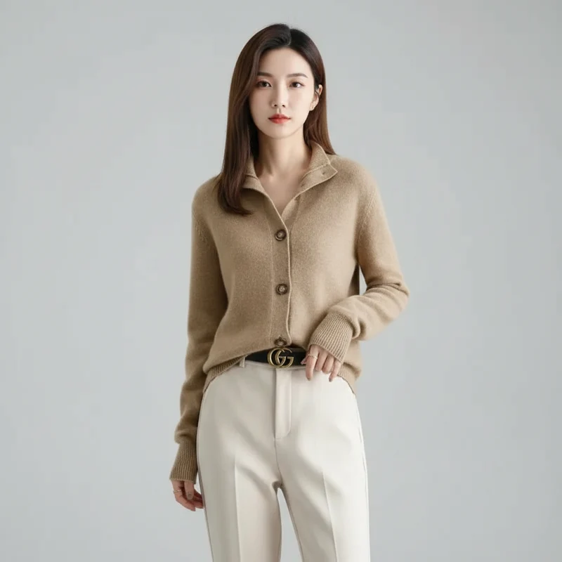 Damen-Strickcardigan – Lässiger koreanischer Stehkragenpullover