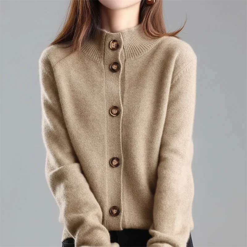 Damen-Strickcardigan – Lässiger koreanischer Stehkragenpullover