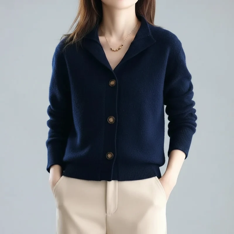 Damen-Strickcardigan – Lässiger koreanischer Stehkragenpullover