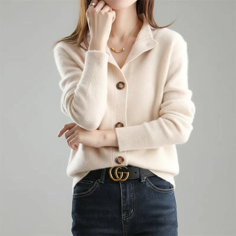 Damen-Strickcardigan – Lässiger koreanischer Stehkragenpullover