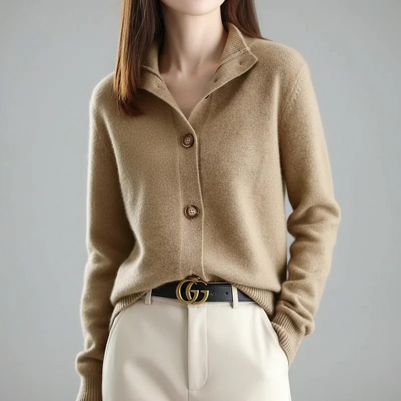 Damen-Strickcardigan – Lässiger koreanischer Stehkragenpullover