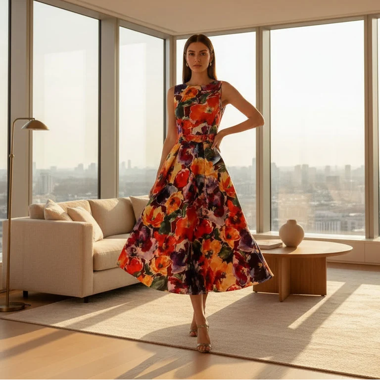 Elegantes Sommer-Abendkleid in großen Größen mit Blumenmuster – figurbetontes, ärmelloses A-Linien-Kleid für Damen.