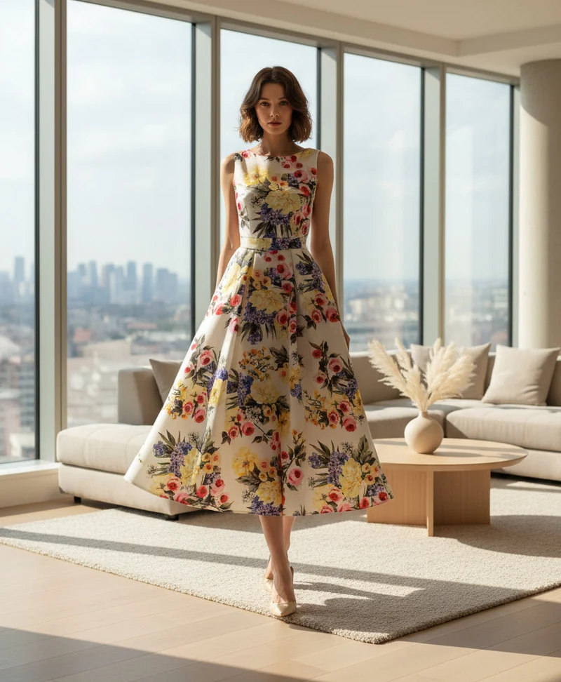 Elegantes Sommer-Abendkleid in großen Größen mit Blumenmuster – figurbetontes, ärmelloses A-Linien-Kleid für Damen.