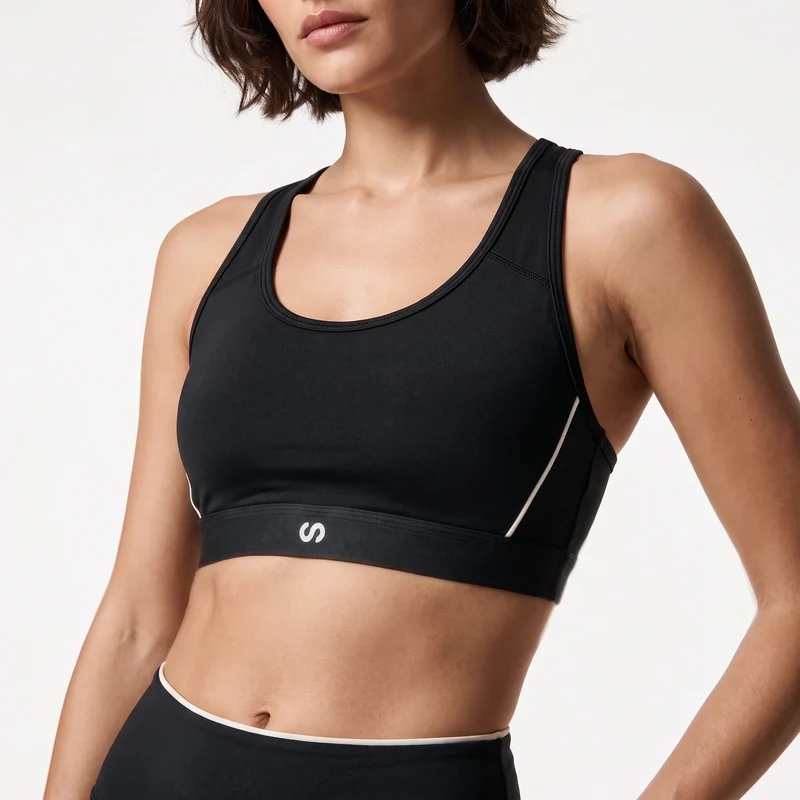 Sport-BH Damen mit Retro Kontraststreifen | Schwarz
