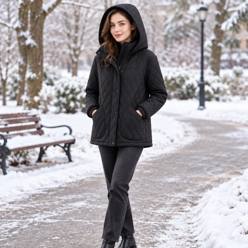 Verleihen Sie Ihrem Winter-Look mit unserer gesteppten Damen-Winterjacke das gewisse Etwas.