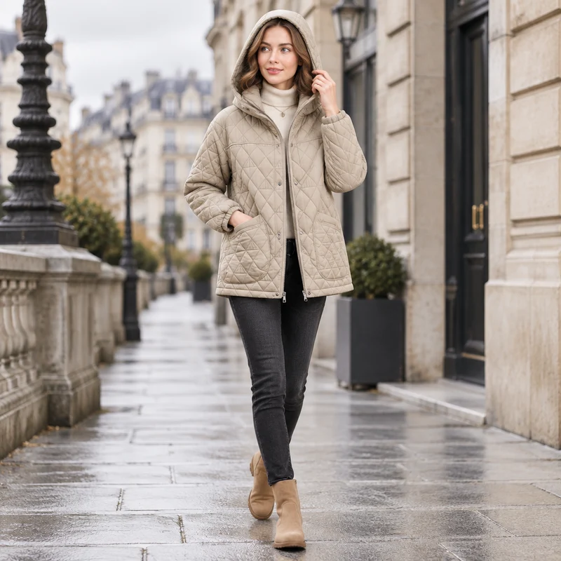 Verleihen Sie Ihrem Winter-Look mit unserer gesteppten Damen-Winterjacke das gewisse Etwas.