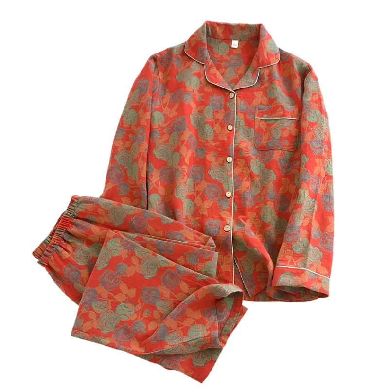 Damenpyjama-Set aus 100 % Baumwolle – Langärmeliges, garngefärbtes Jacquard-Set, 2-teilig