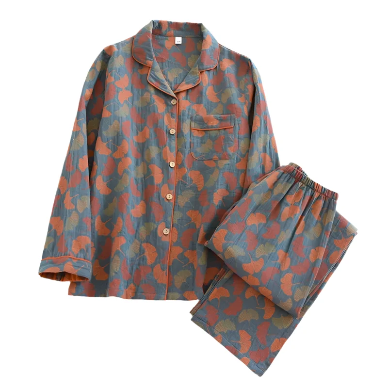 Damenpyjama-Set aus 100 % Baumwolle – Langärmeliges, garngefärbtes Jacquard-Set, 2-teilig
