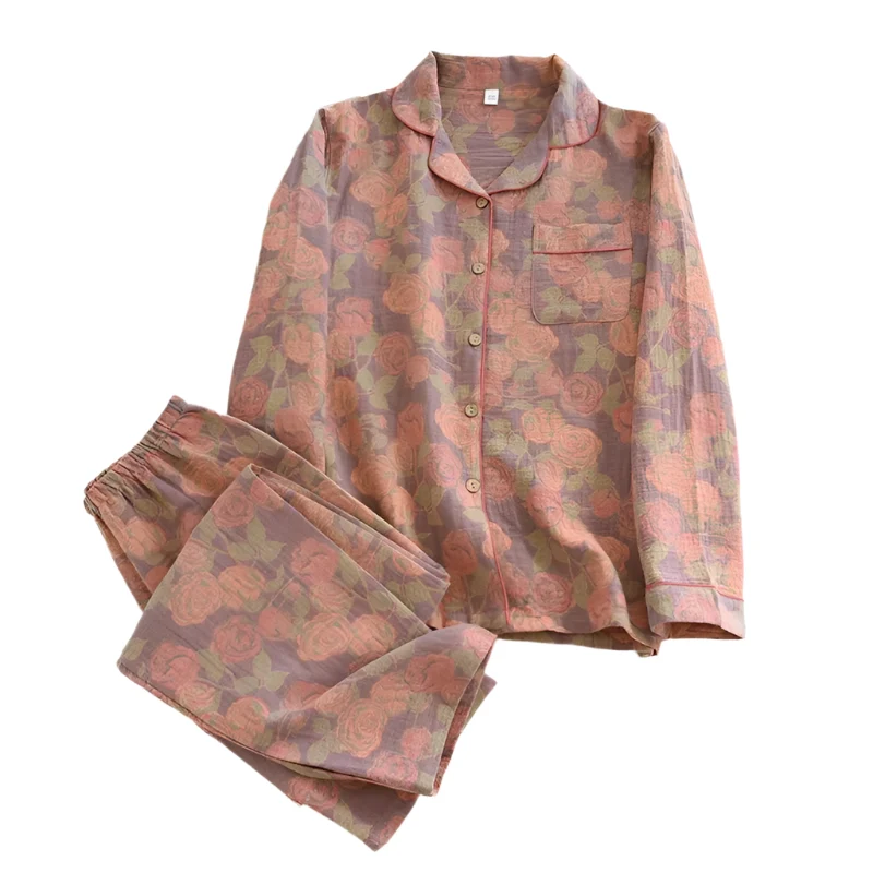 Damenpyjama-Set aus 100 % Baumwolle – Langärmeliges, garngefärbtes Jacquard-Set, 2-teilig