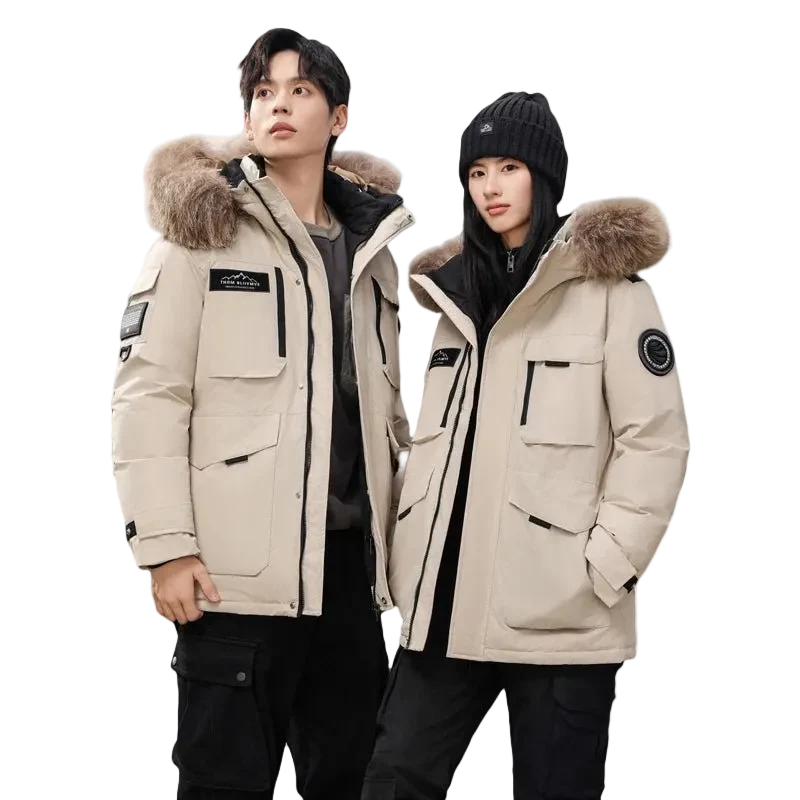Wasserdichte Winterdaunenjacke mit Kapuze und Pelzkragen für Damen und Herren – Warmer Mantel