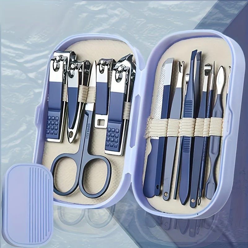 Ein 14-teiliges Maniküre- und Pediküre-Set aus Edelstahl, inklusive moderner Nagelknipser mit konkaven Kanten und Pflegeinstrumenten, sowie einer praktischen Aufbewahrungsbox – ein geruchsneutrales Nagelpflege-Set für Damen und Herren.
