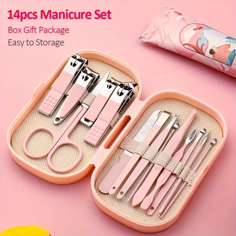 Ein 14-teiliges Maniküre- und Pediküre-Set aus Edelstahl, inklusive moderner Nagelknipser mit konkaven Kanten und Pflegeinstrumenten, sowie einer praktischen Aufbewahrungsbox – ein geruchsneutrales Nagelpflege-Set für Damen und Herren.