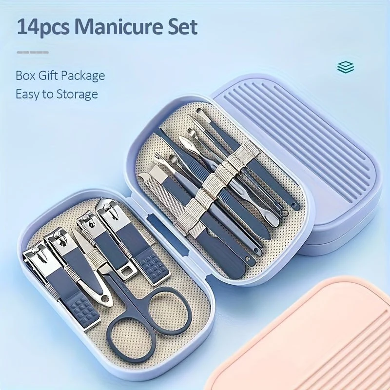 Ein 14-teiliges Maniküre- und Pediküre-Set aus Edelstahl, inklusive moderner Nagelknipser mit konkaven Kanten und Pflegeinstrumenten, sowie einer praktischen Aufbewahrungsbox – ein geruchsneutrales Nagelpflege-Set für Damen und Herren.