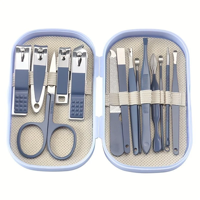 Ein 14-teiliges Maniküre- und Pediküre-Set aus Edelstahl, inklusive moderner Nagelknipser mit konkaven Kanten und Pflegeinstrumenten, sowie einer praktischen Aufbewahrungsbox – ein geruchsneutrales Nagelpflege-Set für Damen und Herren.