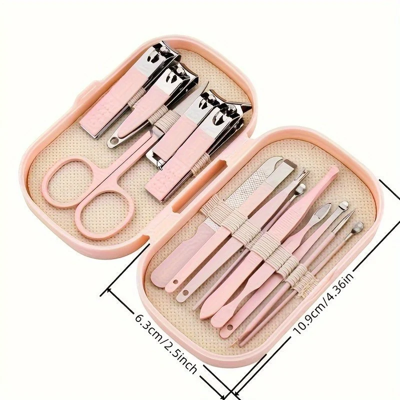 Ein 14-teiliges Maniküre- und Pediküre-Set aus Edelstahl, inklusive moderner Nagelknipser mit konkaven Kanten und Pflegeinstrumenten, sowie einer praktischen Aufbewahrungsbox – ein geruchsneutrales Nagelpflege-Set für Damen und Herren.