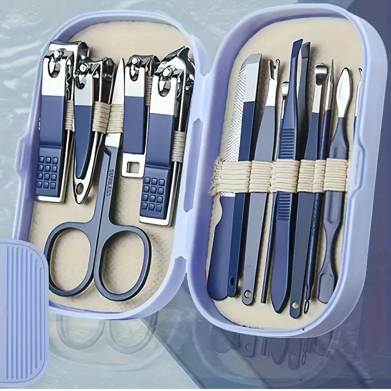 Ein 14-teiliges Maniküre- und Pediküre-Set aus Edelstahl, inklusive moderner Nagelknipser mit konkaven Kanten und Pflegeinstrumenten, sowie einer praktischen Aufbewahrungsbox – ein geruchsneutrales Nagelpflege-Set für Damen und Herren.