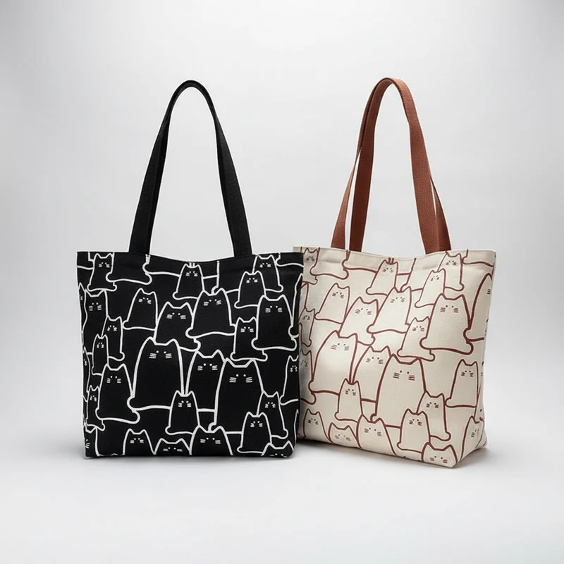 Niedliche Katzen-Tragetasche – Schultertasche aus Canvas im japanischen Stil mit Reißverschluss