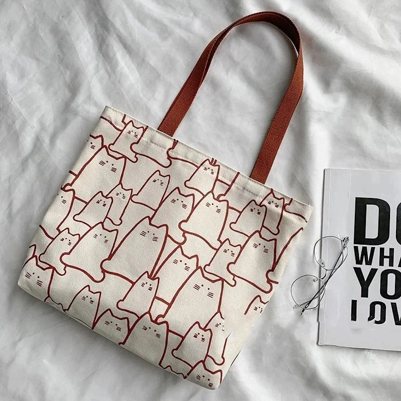 Niedliche Katzen-Tragetasche – Schultertasche aus Canvas im japanischen Stil mit Reißverschluss