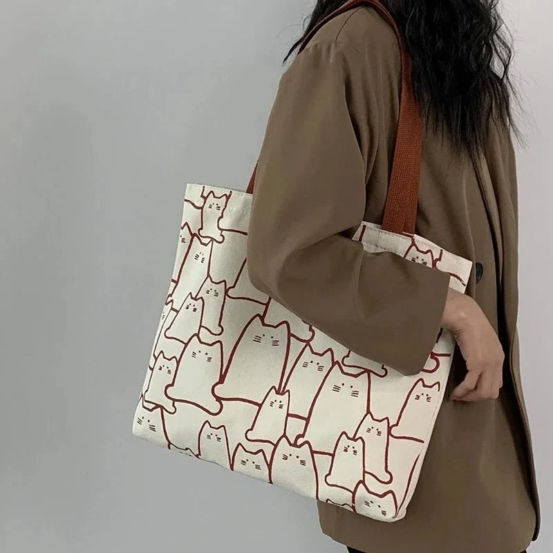 Niedliche Katzen-Tragetasche – Schultertasche aus Canvas im japanischen Stil mit Reißverschluss