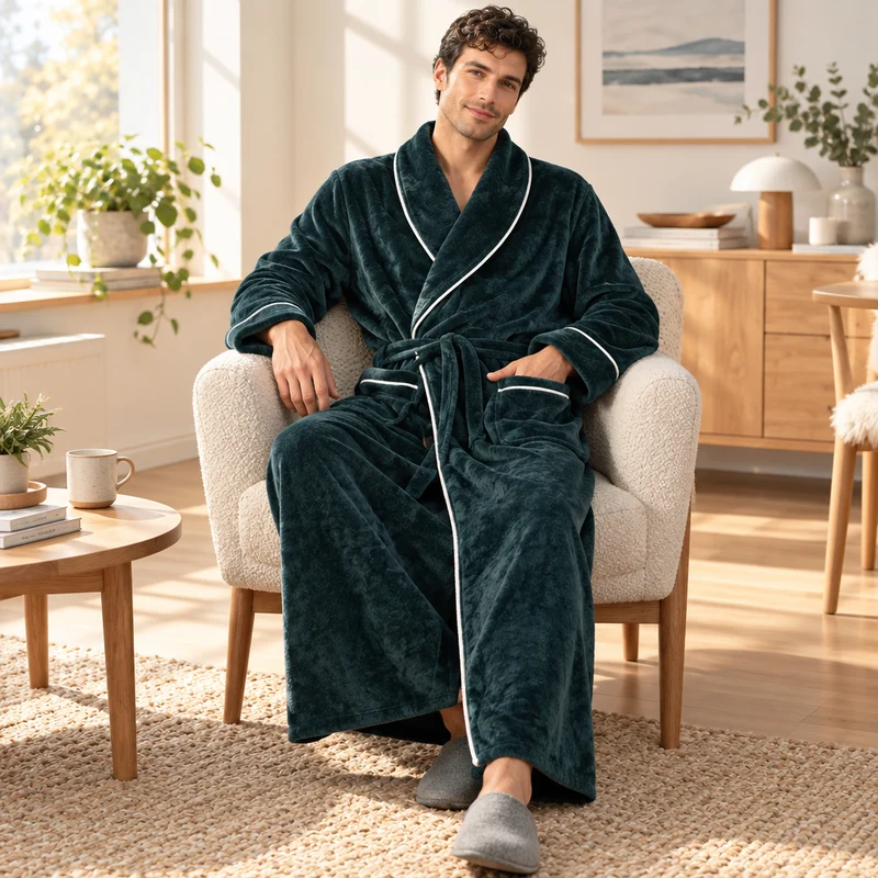 Men's Cozy Flannel Robe - Plush Coral Fleece for Ultimate Home Comfort