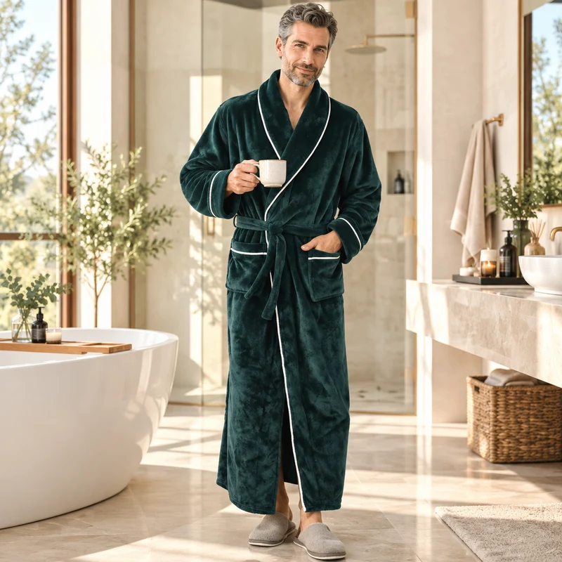 Men's Cozy Flannel Robe - Plush Coral Fleece for Ultimate Home Comfort