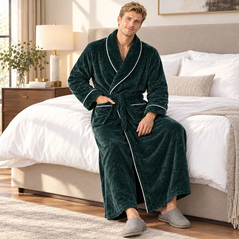 Men's Cozy Flannel Robe - Plush Coral Fleece for Ultimate Home Comfort