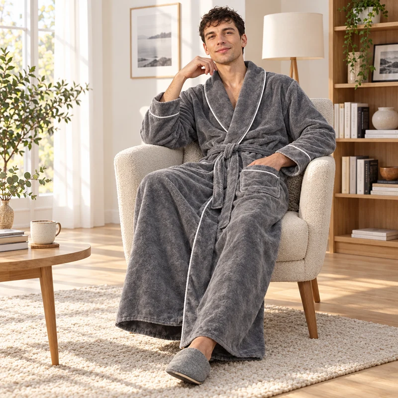 Men's Cozy Flannel Robe - Plush Coral Fleece for Ultimate Home Comfort