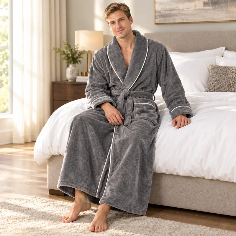 Men's Cozy Flannel Robe - Plush Coral Fleece for Ultimate Home Comfort