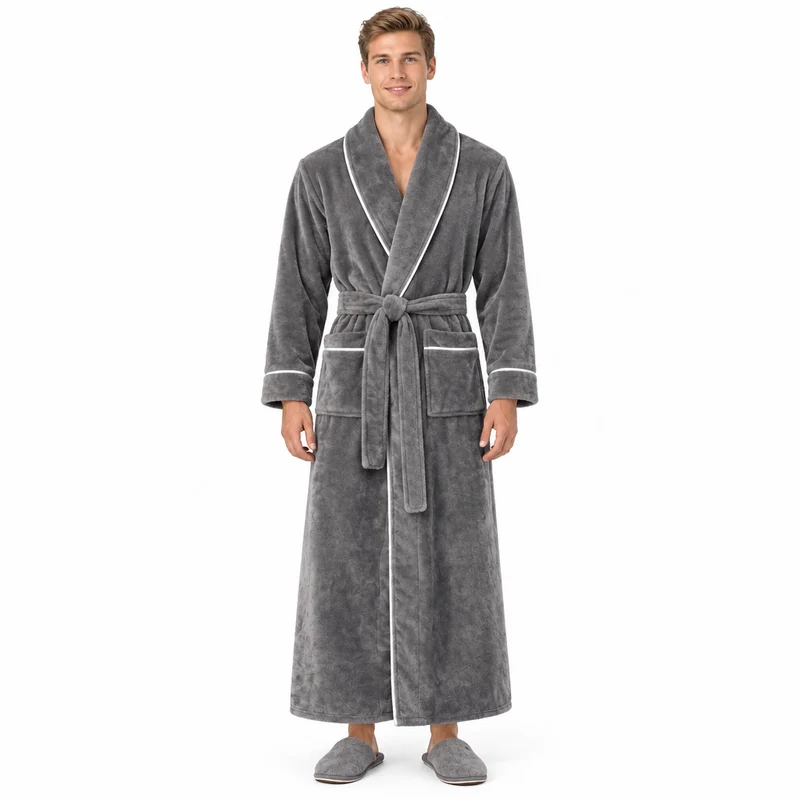 Men's Cozy Flannel Robe - Plush Coral Fleece for Ultimate Home Comfort